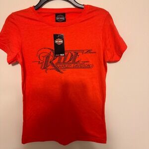 Harley Davidson Womens‎ Orange Rhinestone Ride Out Short Sleeve T Shirt Size SM
